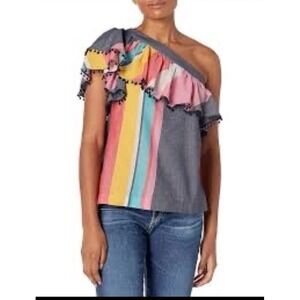 NWT Trina Turk Los Angeles One-Shoulder Striped Top Size L. Ruffle Sleeve Resort